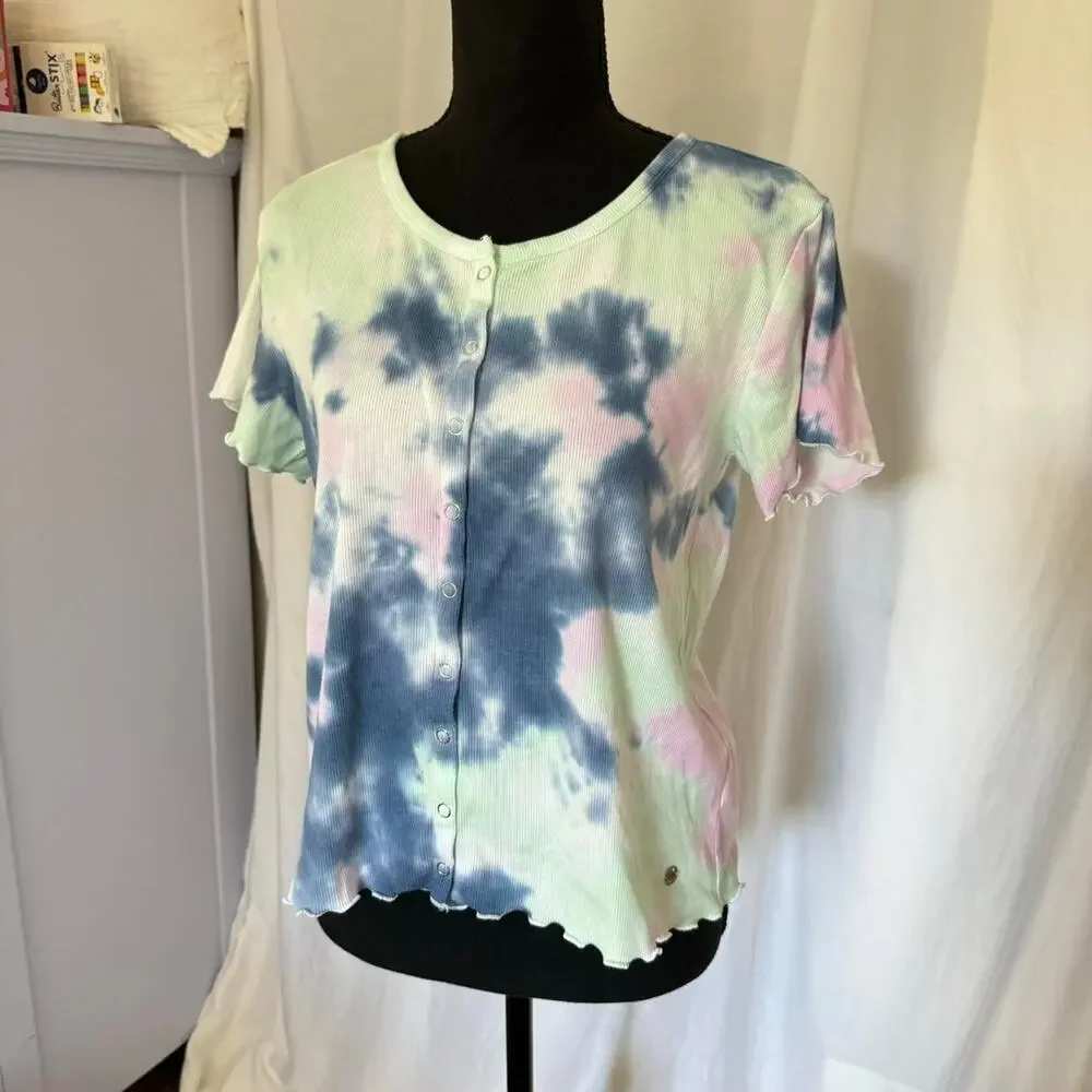Justice Tie‎ dye hippie shirt girls XXL 16 18 ruffle hem boho casual button up